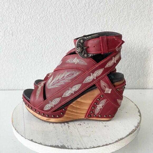 Lane Boots LEXINGTON Womens Red Wedges 7.5 Western Sandals Cowgirl Wooden Heels - Picture 4 of 11